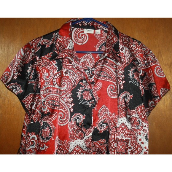 Cato Womens Satiny Short Sleeve Button Down Top Burgandy Black 18/20W Plus Size - Picture 2 of 7